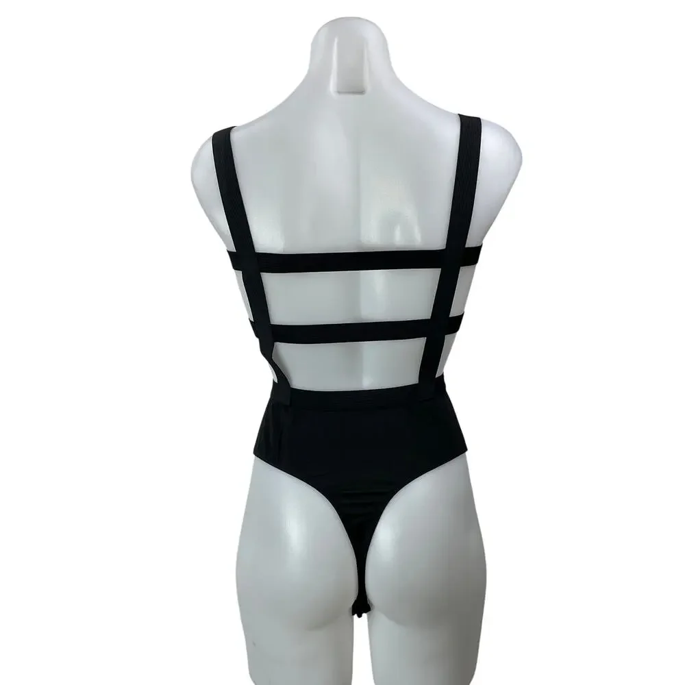 Superdown Camille Black Mesh Sleeveless Square Neck Strappy Back Bodysuit Size S